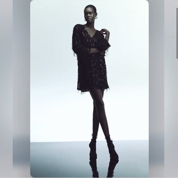 Zara Black FRINGED SEQUIN MINI DRESS Size Large - Picture 7 of 14